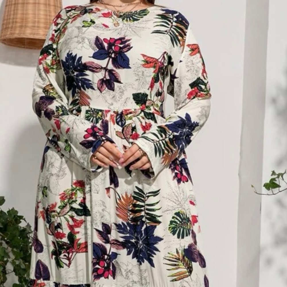 Boho Plus Size Tropical Floral Print Ruffle Maxi Dress NO BELT - Picture 4 of 7
